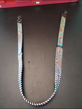 Myra Bag Turquoise and Tan Tooled Leather Necklace Strap
